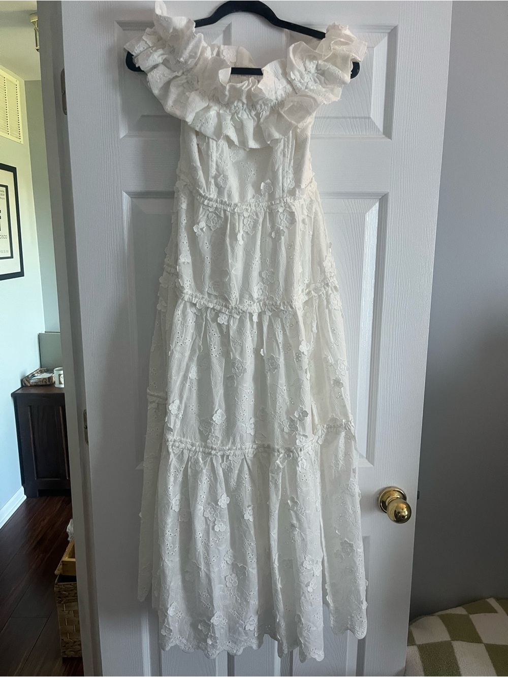 ASTR the Label Off-Shoulder White Lace Tiered Maxi Dress